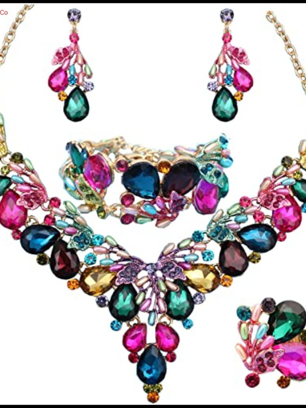 14k Gold Plated Rhinestone Pearl Crystal Jewelry Set Statement Necklace Dangle